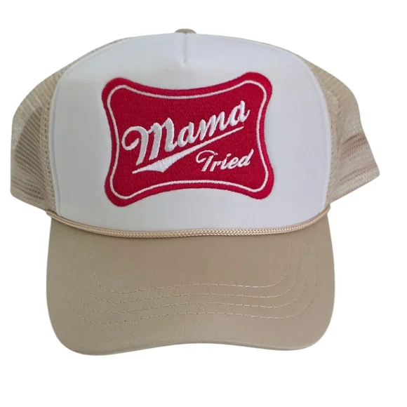 White and Tan Trucker Hat with Mama Tried Red Patch - Picture 1 of 5